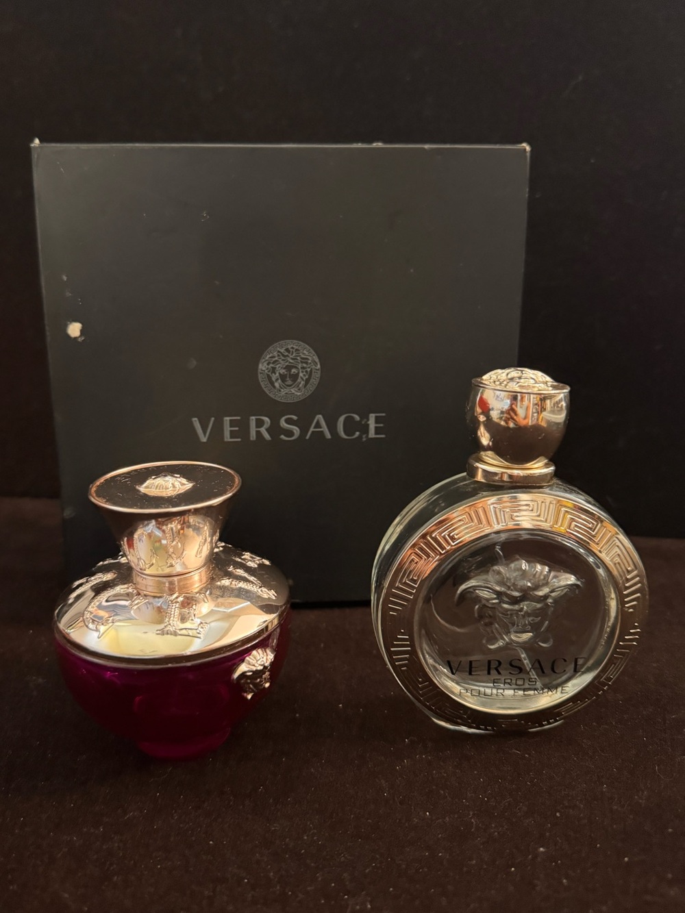 Versace Empty Perfume Bottles and Box Lot - Dylan Purple & Eros Pour Femme